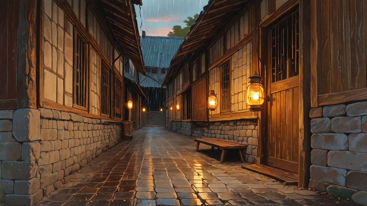 小道・木造建築・石畳のイラスト素材