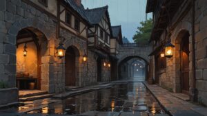 石造りの建物・石畳の通り・ランプのイラスト素材｜商用利用可