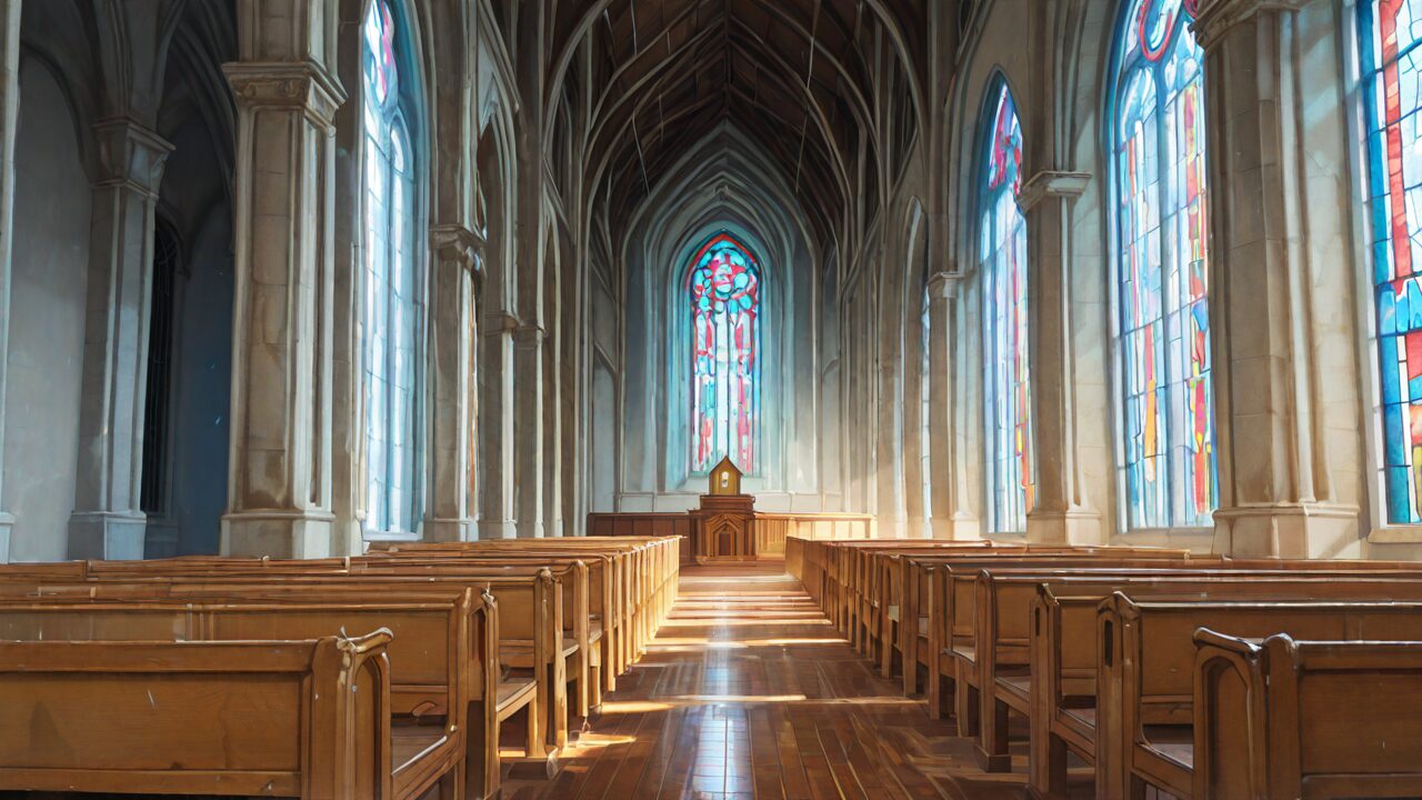 教会・長椅子・ステンドグラスのイラスト素材