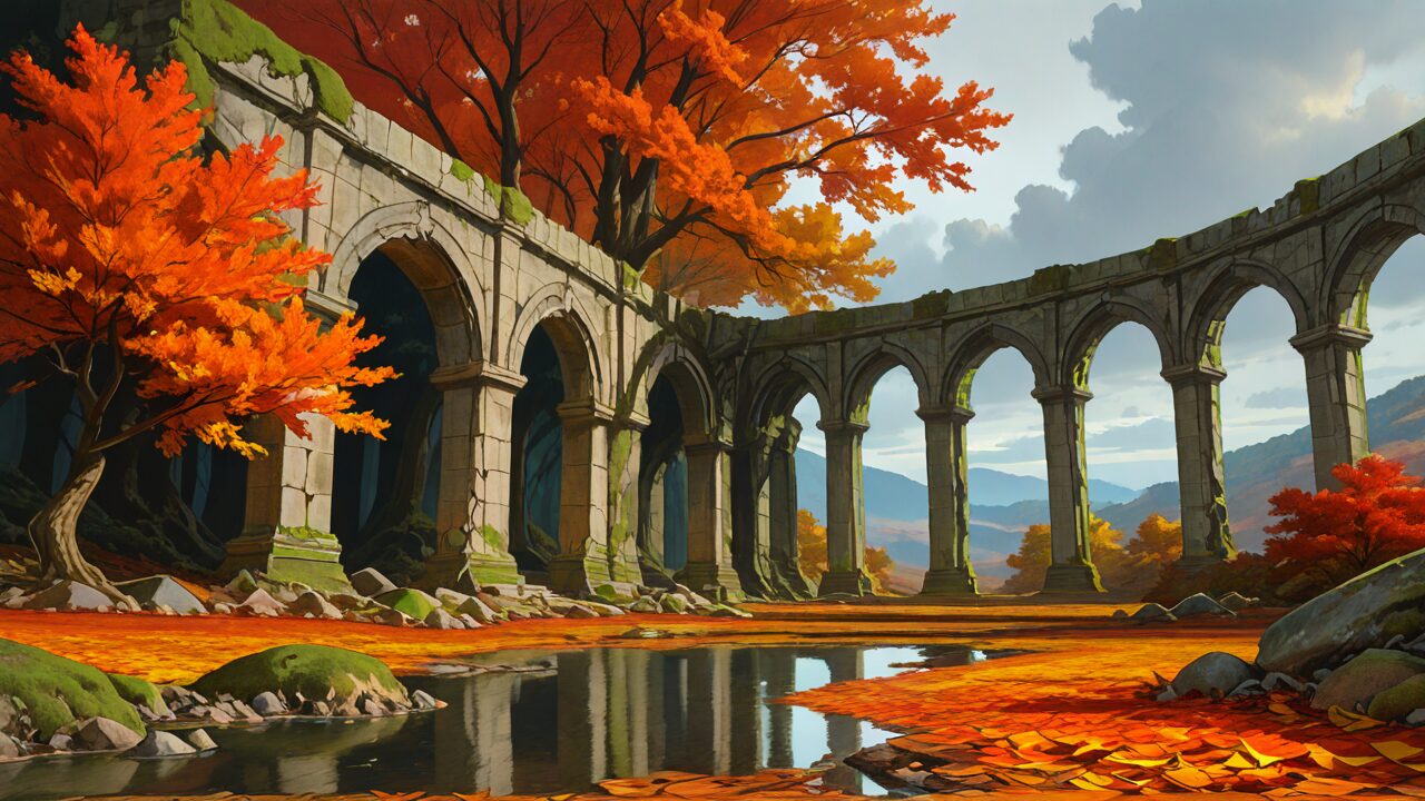 橋・紅葉・水面のイラスト素材