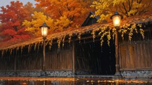 木造建築・秋の木々・雨のイラスト素材｜商用利用可