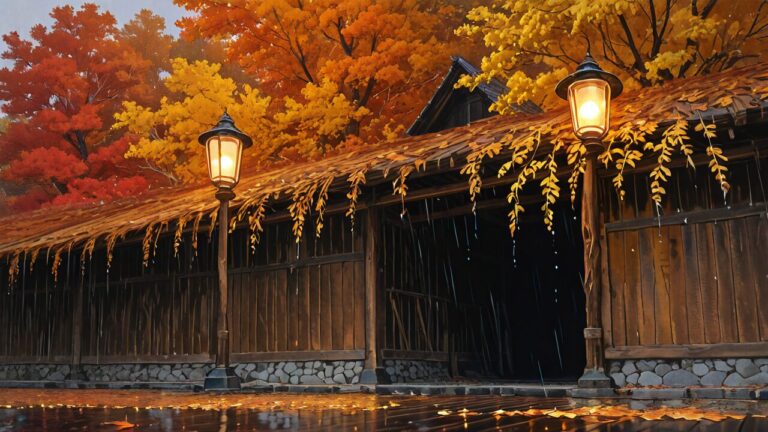 木造建築・秋の木々・雨のイラスト素材｜商用利用可