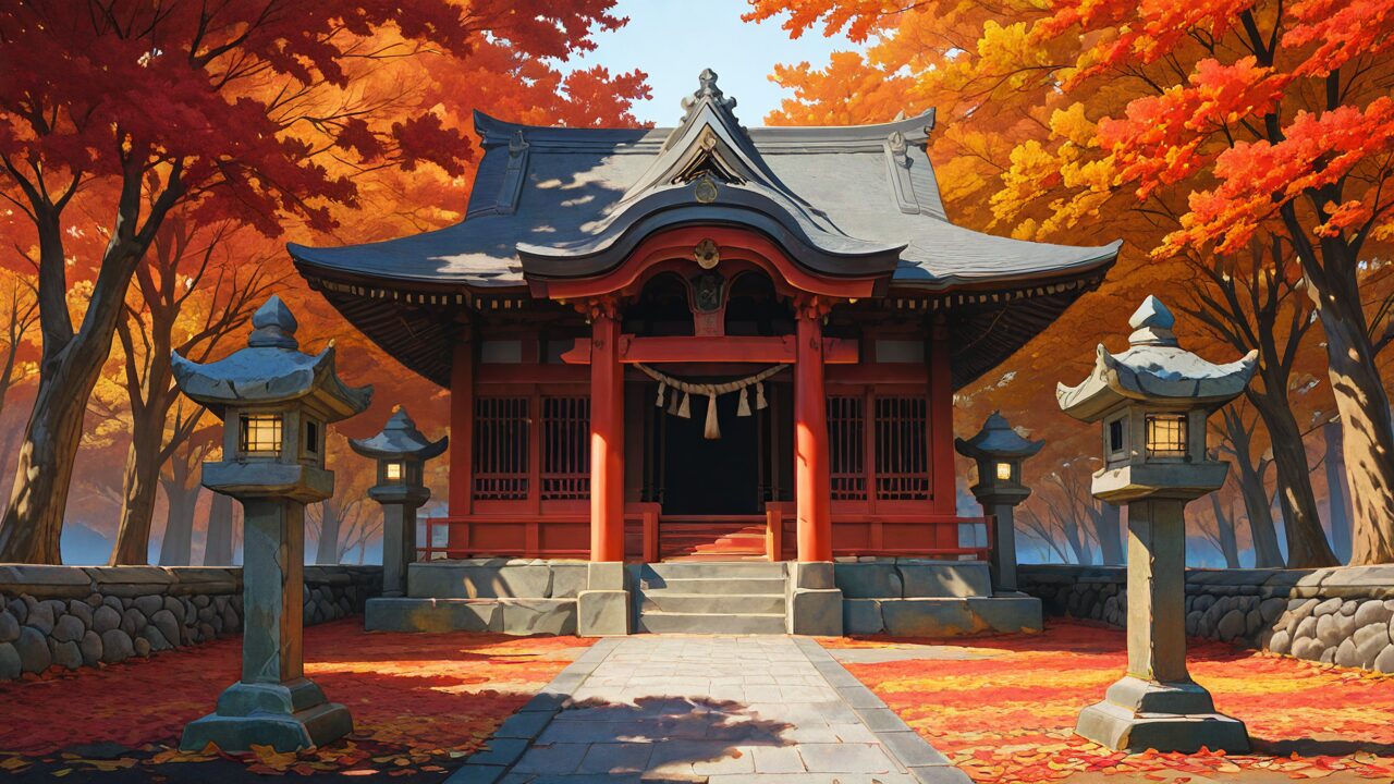 神社・紅葉・石灯籠のイラスト素材