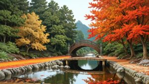 橋・紅葉・池のイラスト素材｜商用利用可