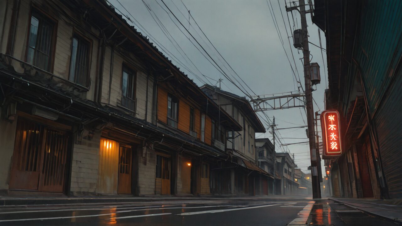 町道・古民家・電線のイラスト素材
