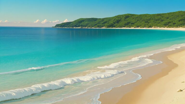 海・砂浜・緑の丘のイラスト素材｜商用利用可