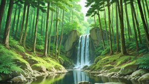 森・滝・池のイラスト素材｜商用利用可