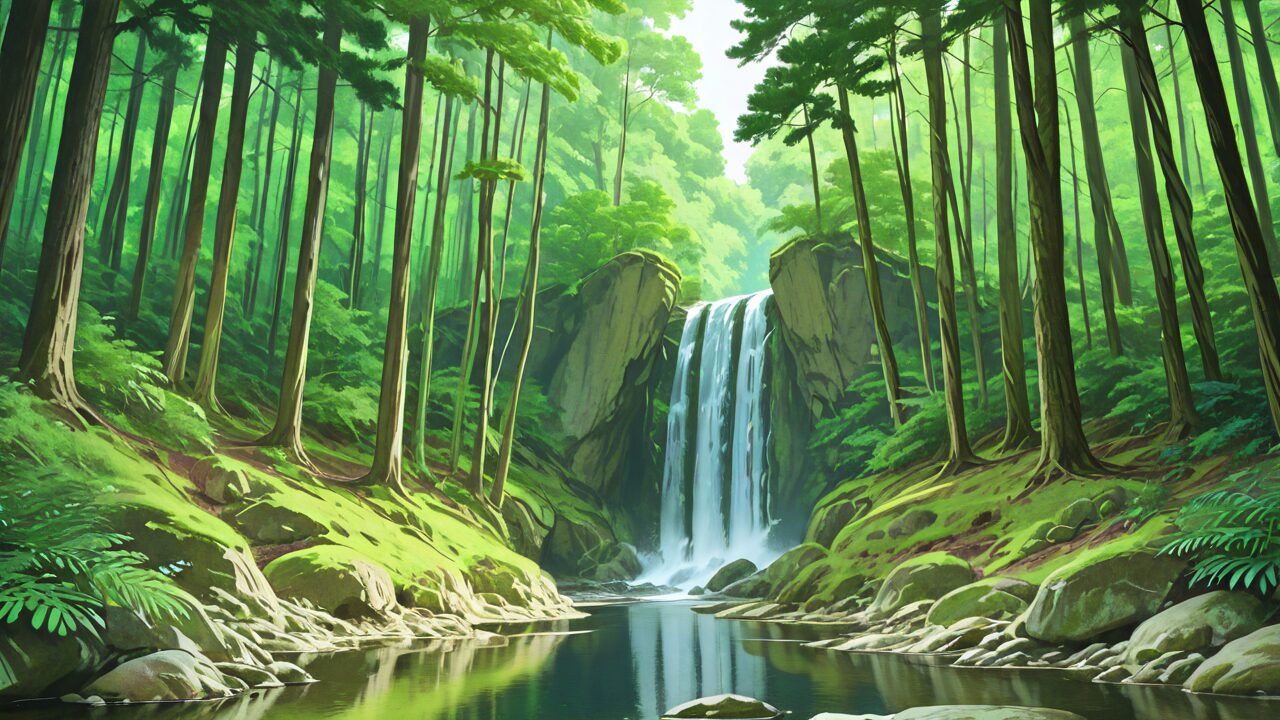 森・滝・池のイラスト素材