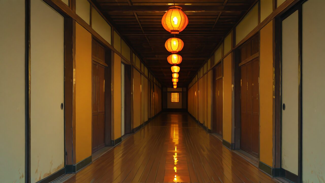 廊下・木製・紙灯籠のイラスト素材
