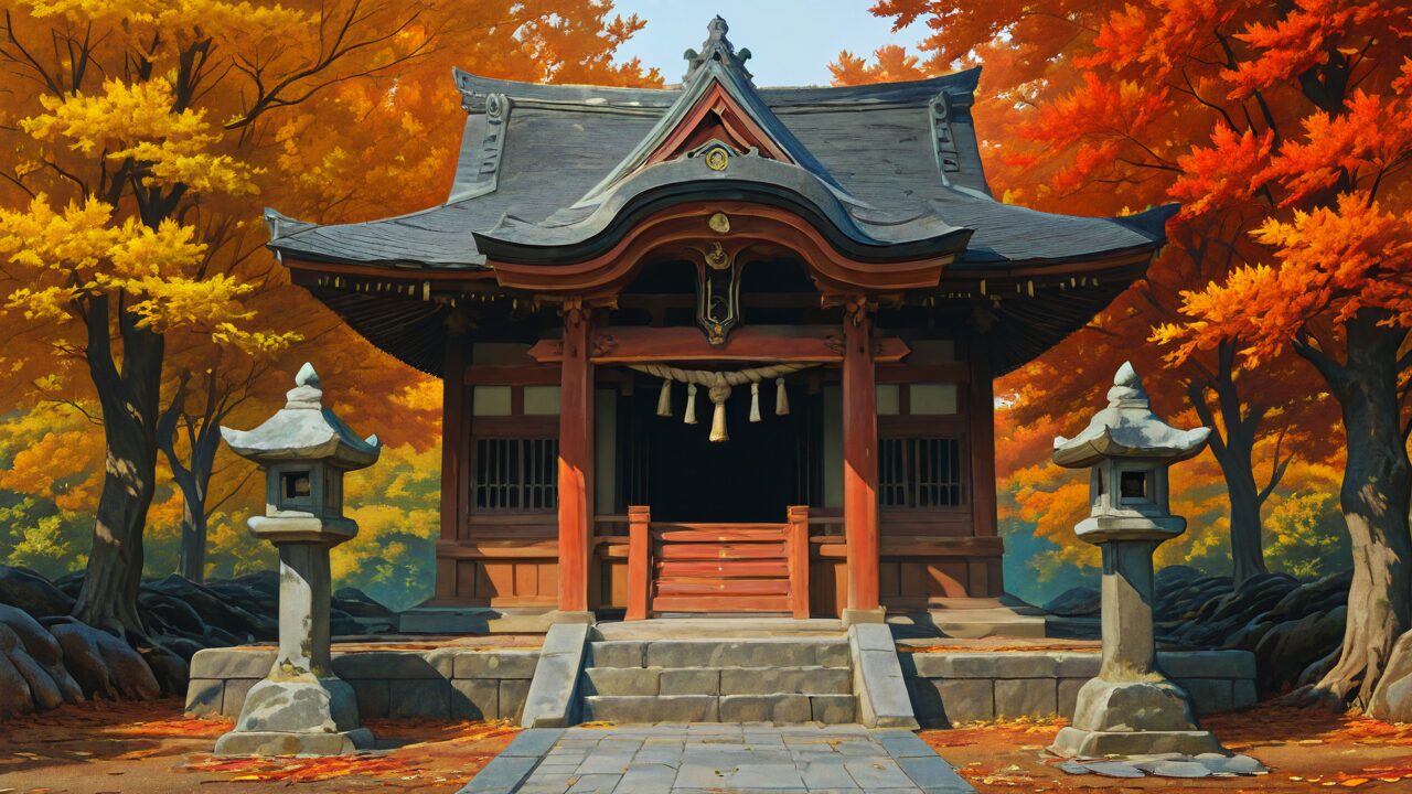 神社・紅葉・石灯籠のイラスト素材