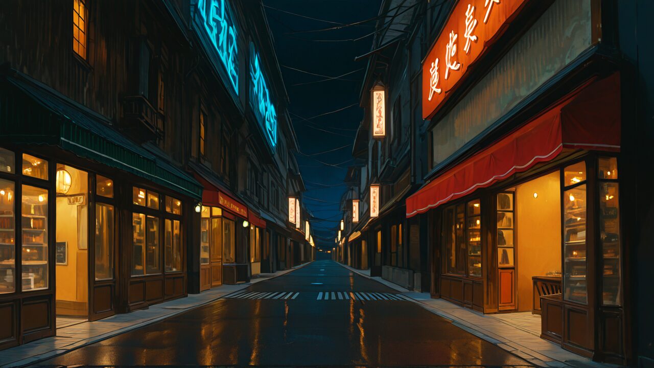 店・夜道・店舗のイラスト素材