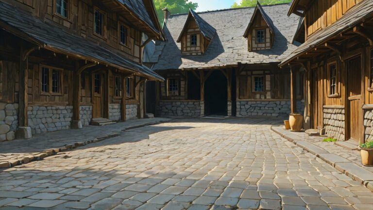 木造家屋・石畳・町並みのイラスト素材｜商用利用可