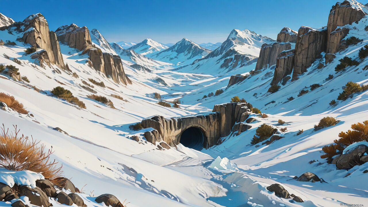 雪山・峡谷・アーチ橋のイラスト素材