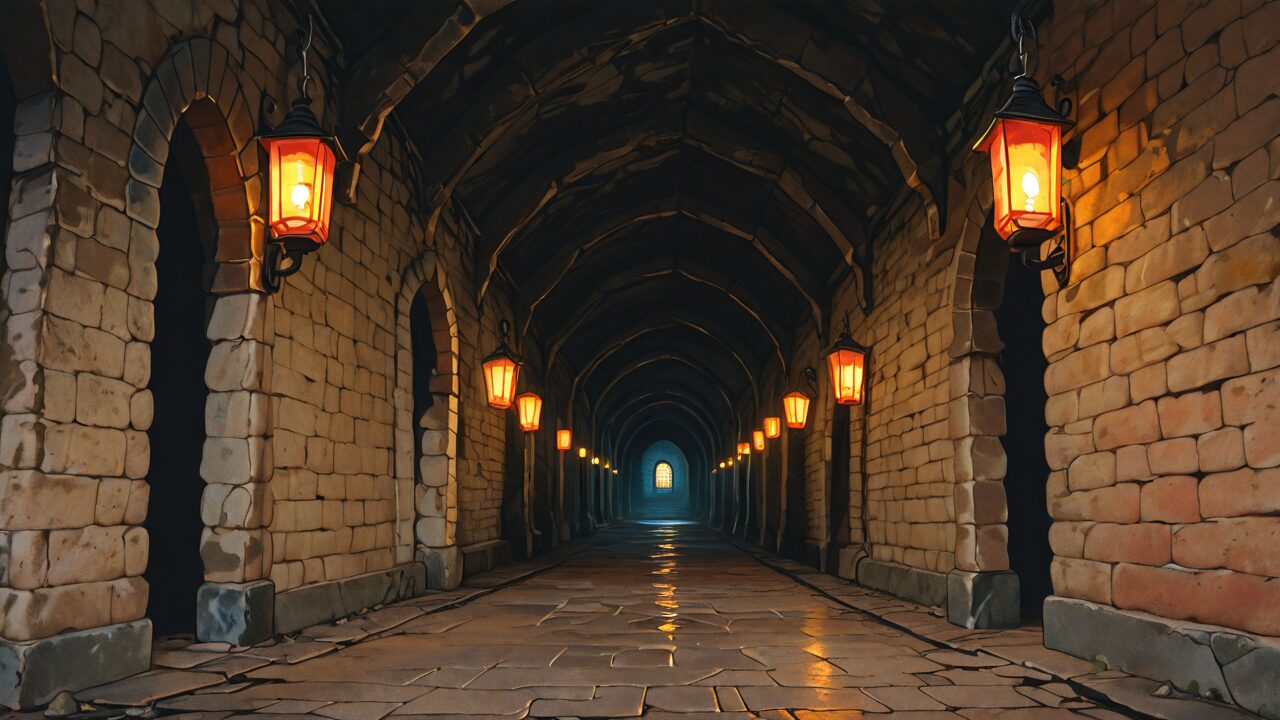 石廊道・ランプ・石壁のイラスト素材