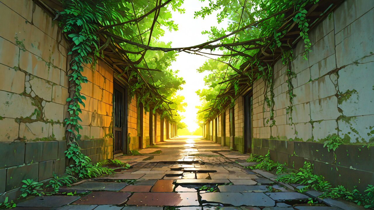 廊下・壁・緑の葉のイラスト素材