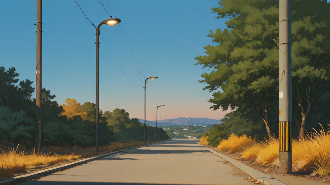 道路・電柱・木々のイラスト素材