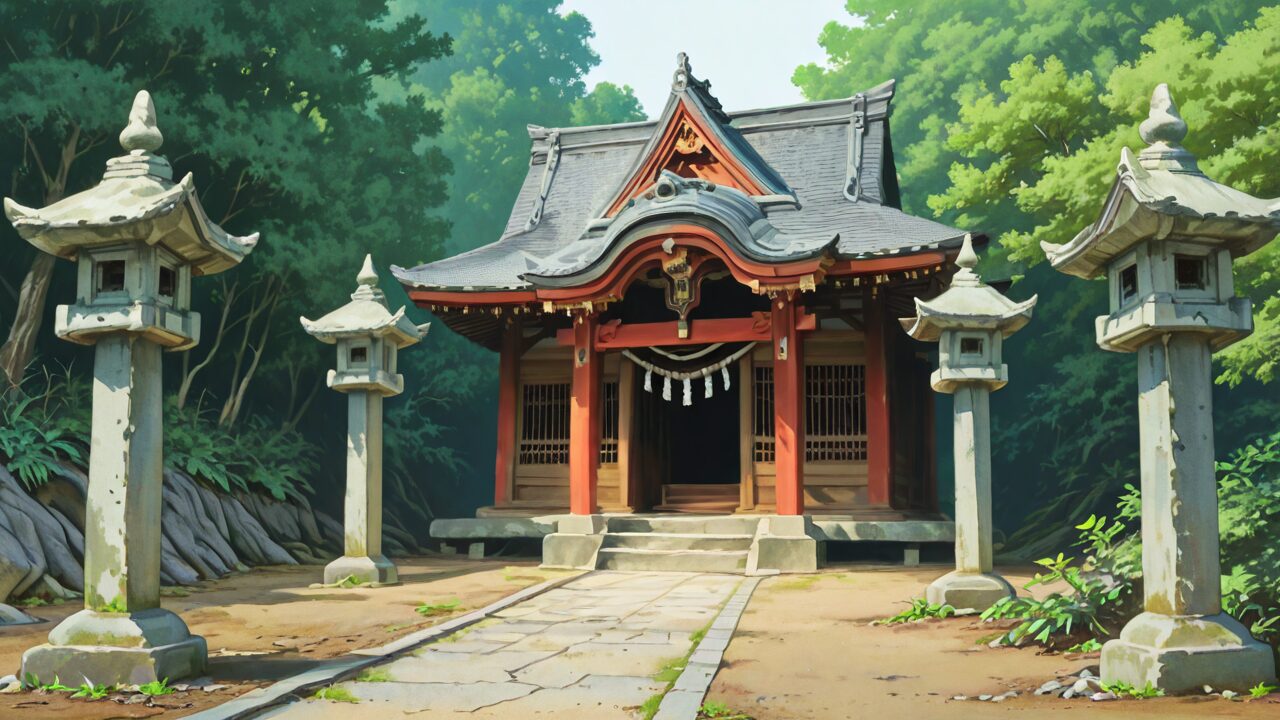 神社・石灯籠・木々のイラスト素材