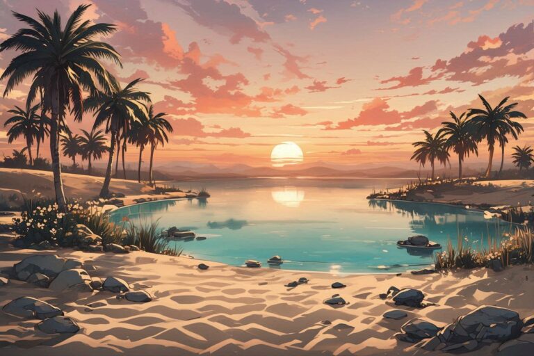 日没・砂浜・パームのイラスト素材｜商用利用可