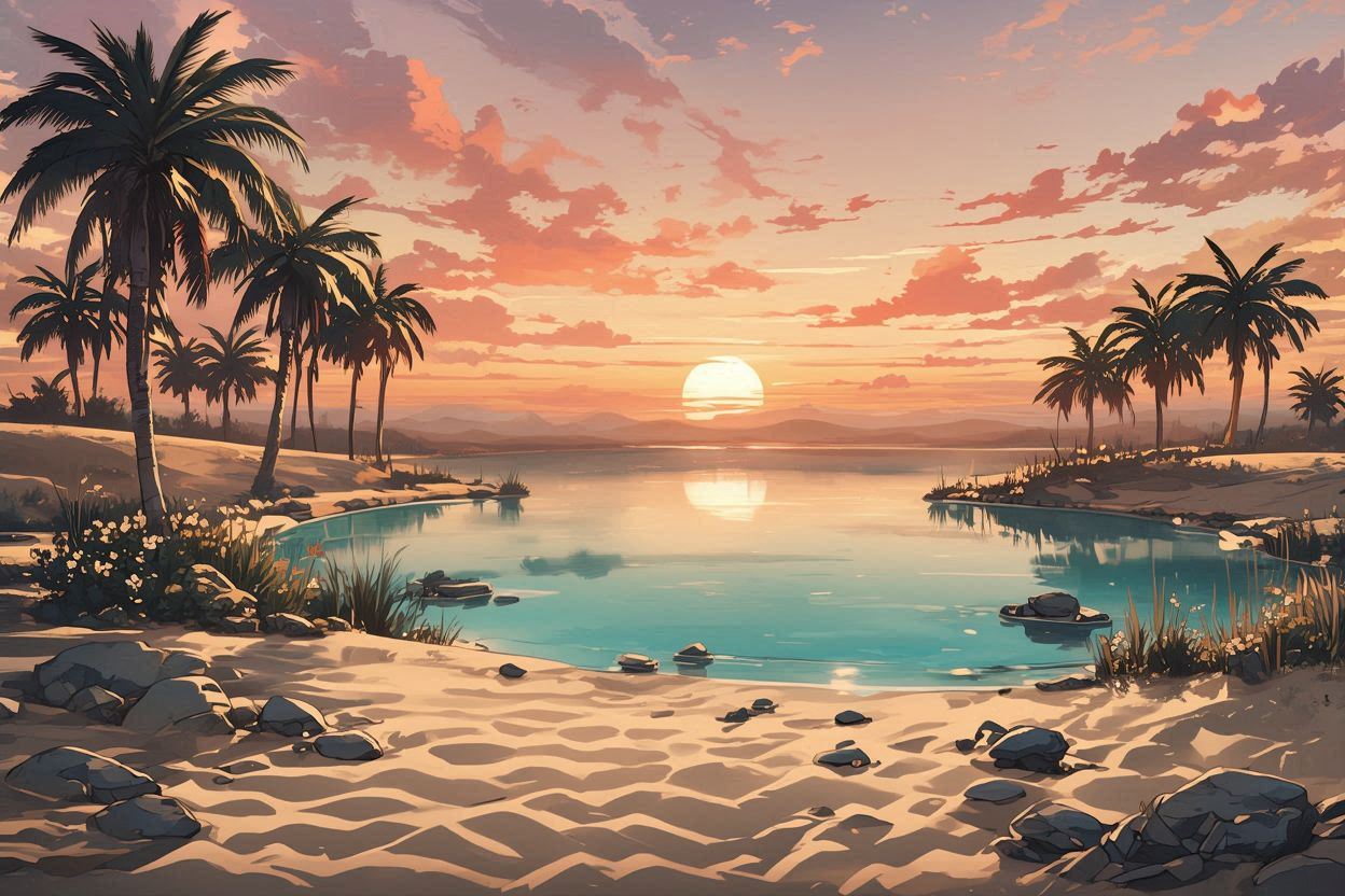 日没・砂浜・パームのイラスト素材