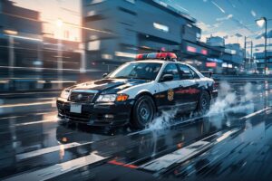 警察車両・スピード・都市夜景のイラスト素材｜商用利用可