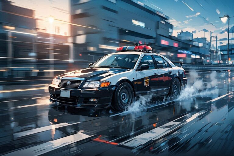 警察車両・スピード・都市夜景のイラスト素材｜商用利用可