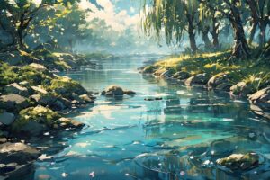 静かな川・自然風景・緑豊かのイラスト素材｜商用利用可