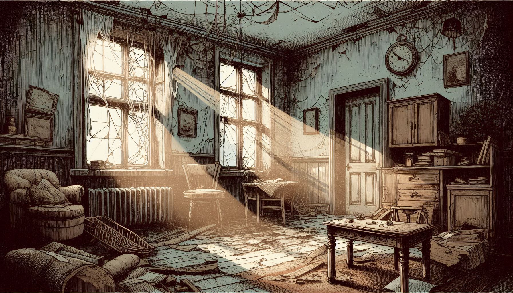 廃墟の部屋・絵画調・日差しの光のイラスト素材