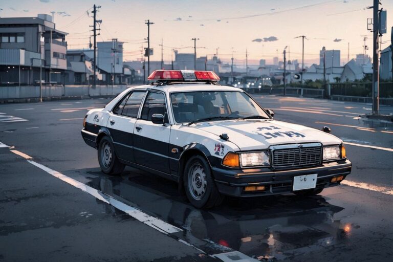 警備車・都市風景・夕焼けのイラスト素材｜商用利用可