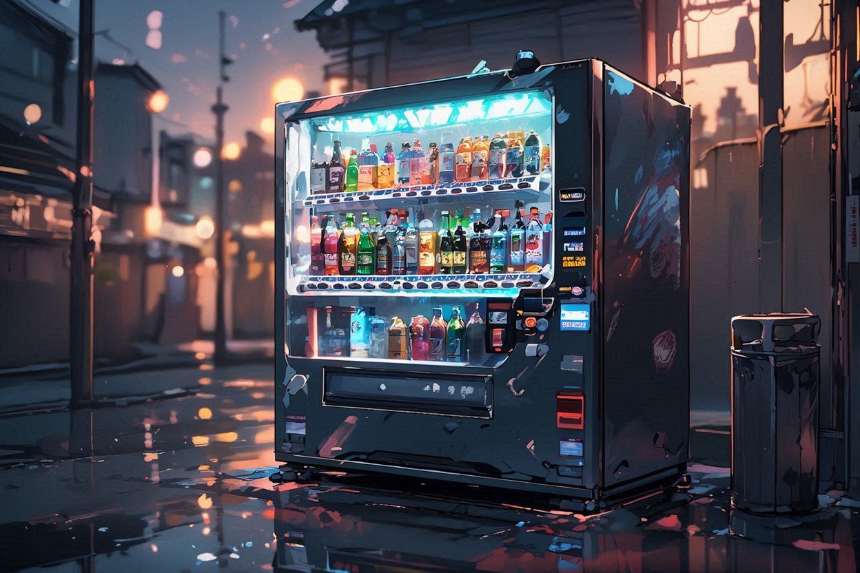 街角自動販売機・ネオンライト・雨上がりのイラスト素材