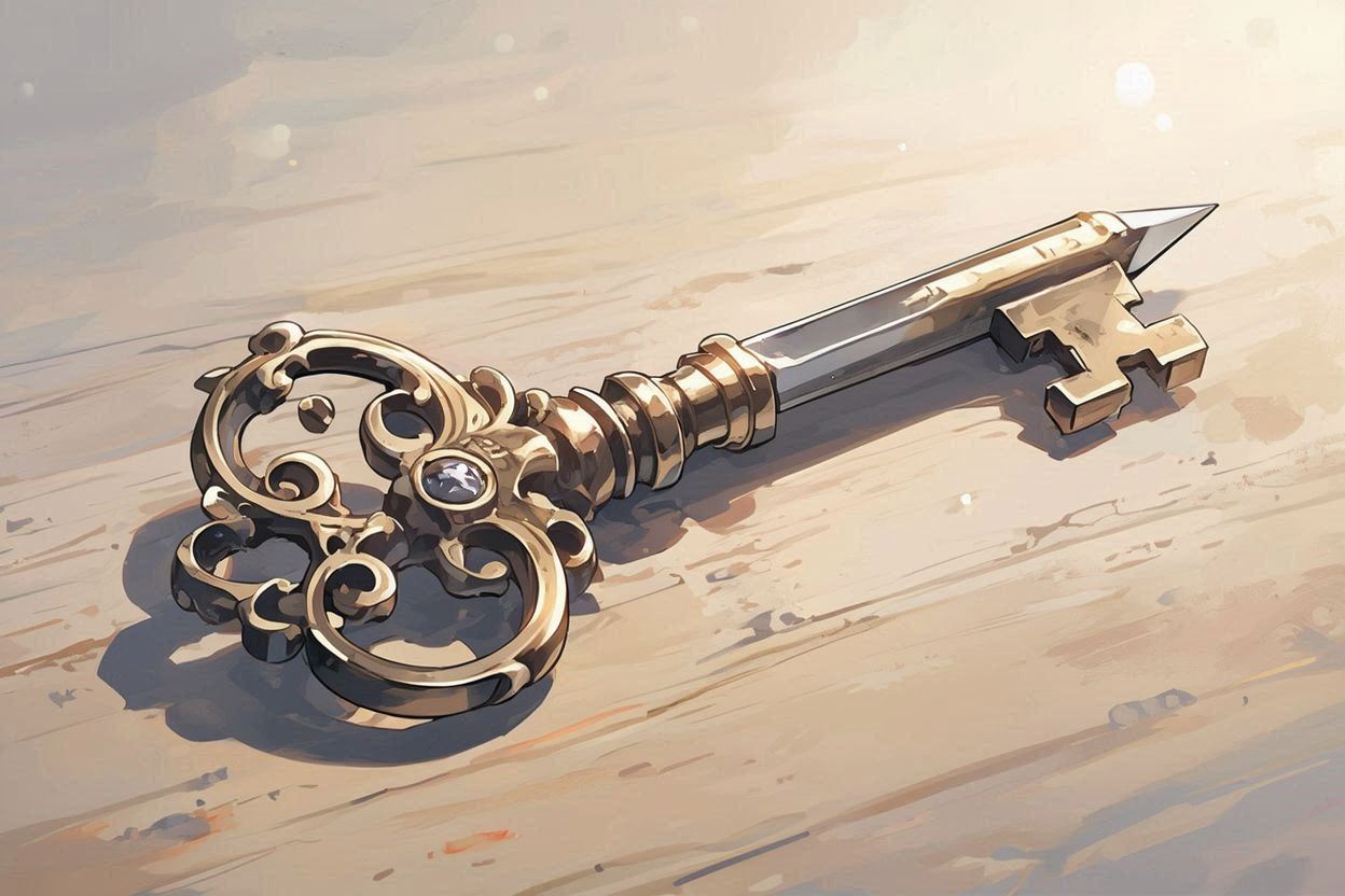 古びた鍵・金色の装飾・木製の台のイラスト素材