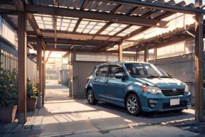 日光車庫・青い車・木製屋根のイラスト素材｜商用利用可