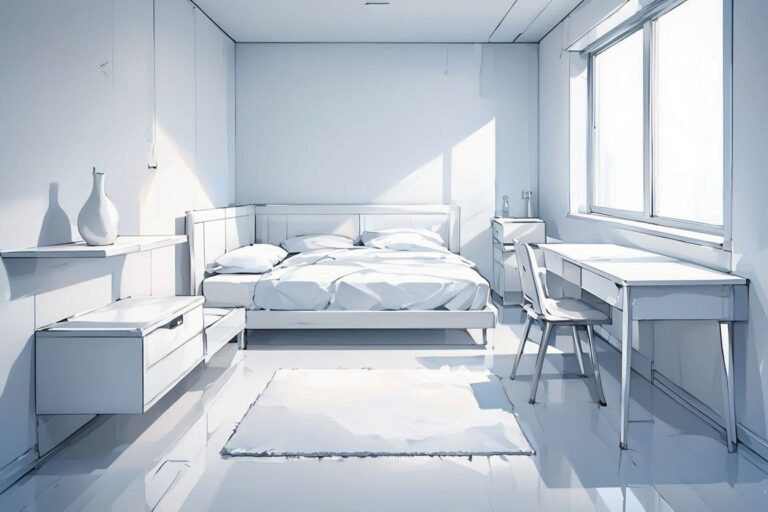 白い寝室・モダンなインテリア・シンプルな部屋のイラスト素材｜商用利用可