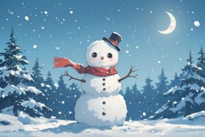 雪だるま・冬の森・月明かりのイラスト素材｜商用利用可