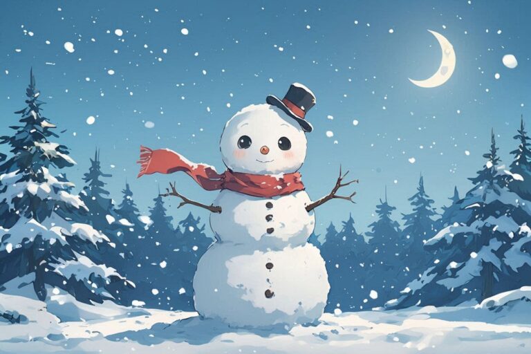 雪だるま・冬の森・月明かりのイラスト素材｜商用利用可