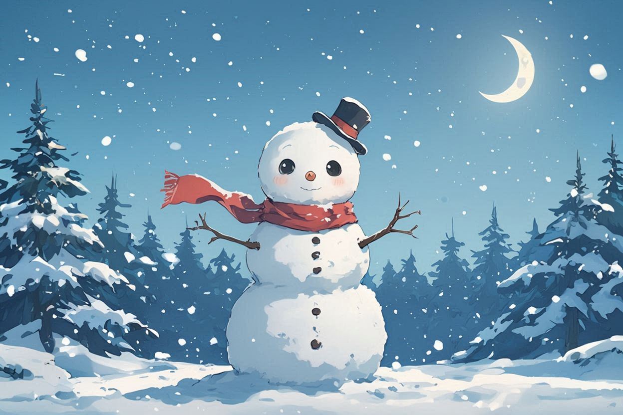 雪だるま・冬の森・月明かりのイラスト素材