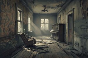 荒廃した部屋・古びたピアノ・廃墟の光のイラスト素材｜商用利用可