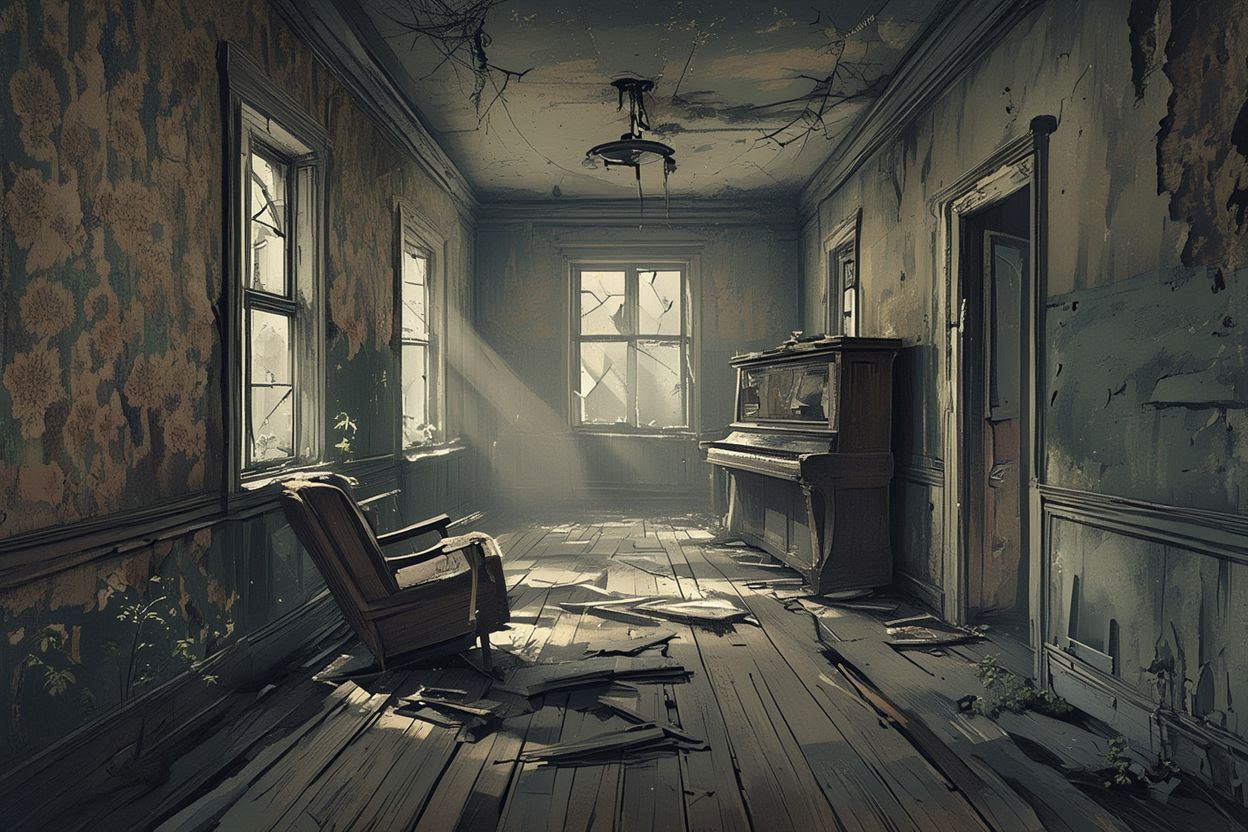 荒廃した部屋・古びたピアノ・廃墟の光のイラスト素材