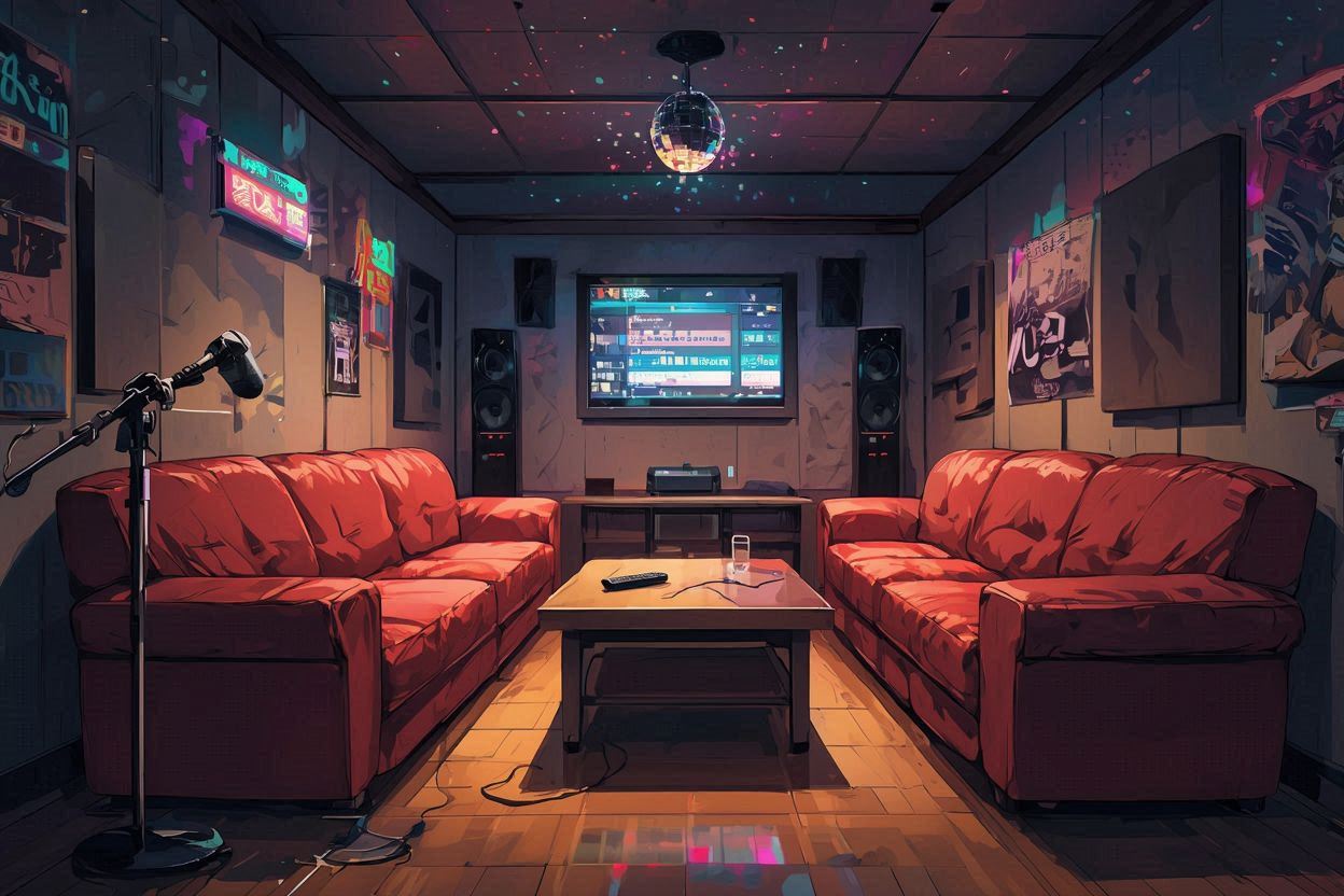 赤いソファ・ネオンサイン・ディスコボールのイラスト素材