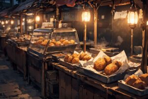 夜市・フライドポテト・温かい光のイラスト素材｜商用利用可