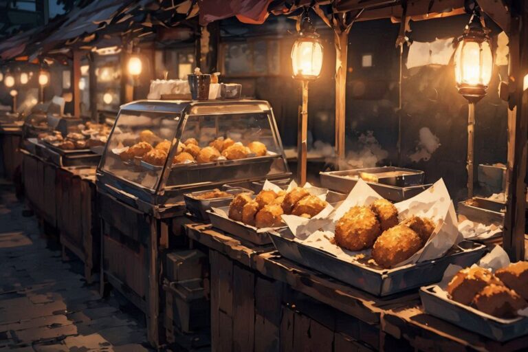 夜市・フライドポテト・温かい光のイラスト素材｜商用利用可