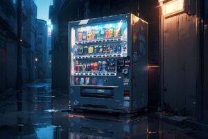 未来都市・自動販売機・雨夜のイラスト素材｜商用利用可