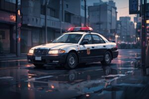 警車・雨の街・夜の光のイラスト素材｜商用利用可