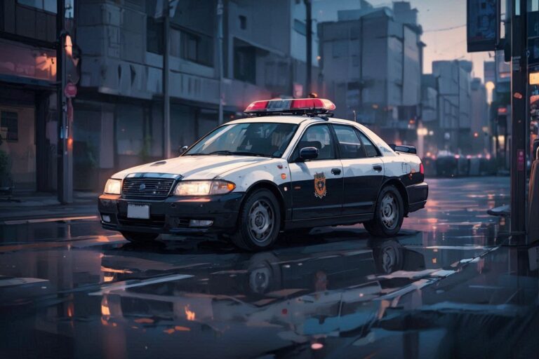 警車・雨の街・夜の光のイラスト素材｜商用利用可