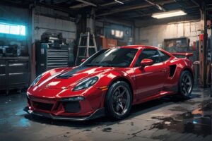 赤いスポーツカー・ガレージ・自動車修理のイラスト素材｜商用利用可