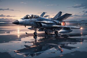 fighter jet・sunset airport・reflected runwayのイラスト素材｜商用利用可