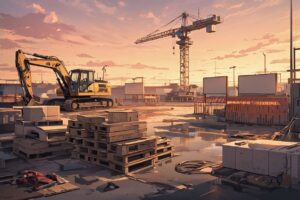 建設現場・夕焼け・建設機械のイラスト素材｜商用利用可