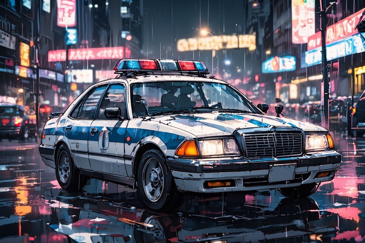 雨夜街・警車・霓虹灯のイラスト素材