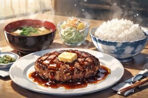 ステーキハンバーグ・日式ランチ・お米とスープのイラスト素材｜商用利用可