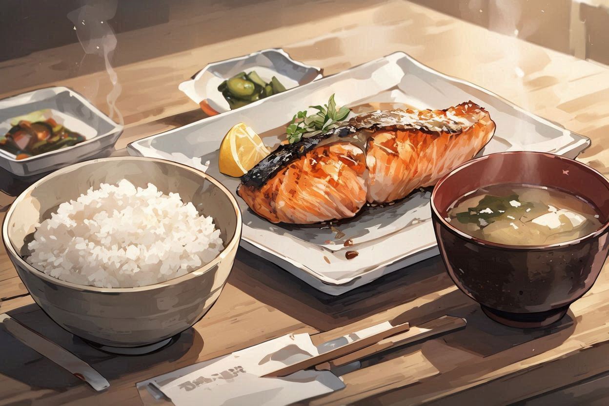 和食・焼き魚・ごはんのイラスト素材