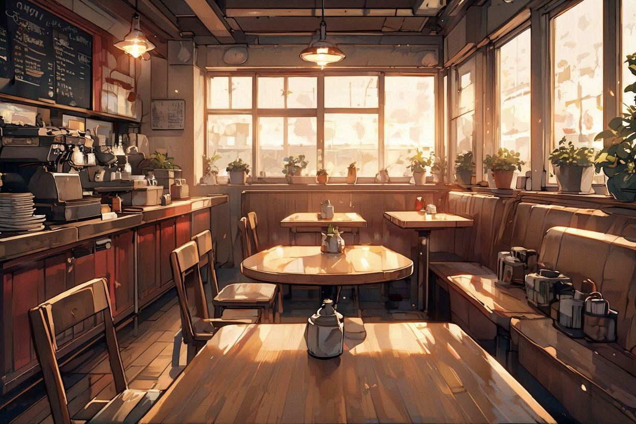 カフェ・温かい光・植物のイラスト素材